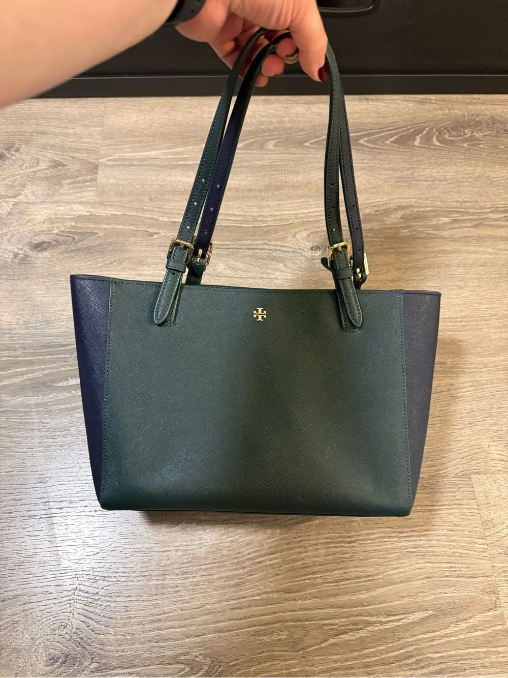 Tory Burch Saffiano Leather Tote green/navy blue
